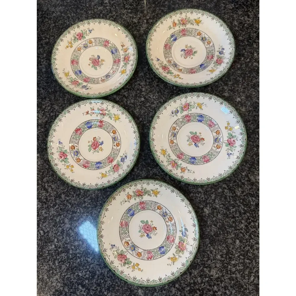 5 Vintage Copeland Spode Burlington ROSE Green Trim Floral Saucers Old Stamp